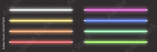 Neon tube lamp in white, yellow, red, pink, blue and green colors. Vector night realistic electric stripes fluorescent led light bar collection isolated on transparent background