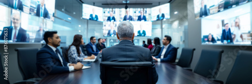 Online video conference social distancing webinar business meeting, secretive meeting of leaders, team of government agents politicians, diverse business people, social distance work concept