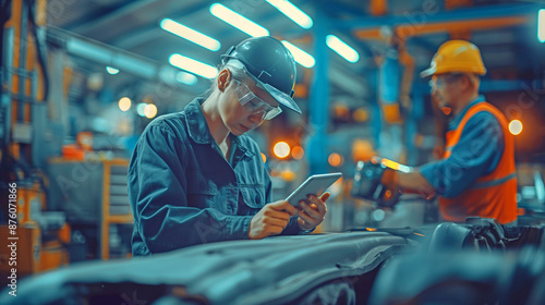 A uniformed mechanic takes notes while another technician carefully inspects the underbody of an SUV sitting on a lift in an auto repair shop. 