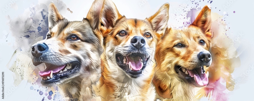 Colorful digital painting of three happy dogs, showcasing vibrant artistic style and joyful canine expressions. Colorful digital painting of three happy dogs, showcasing vibrant artistic style and joyful canine expressions.