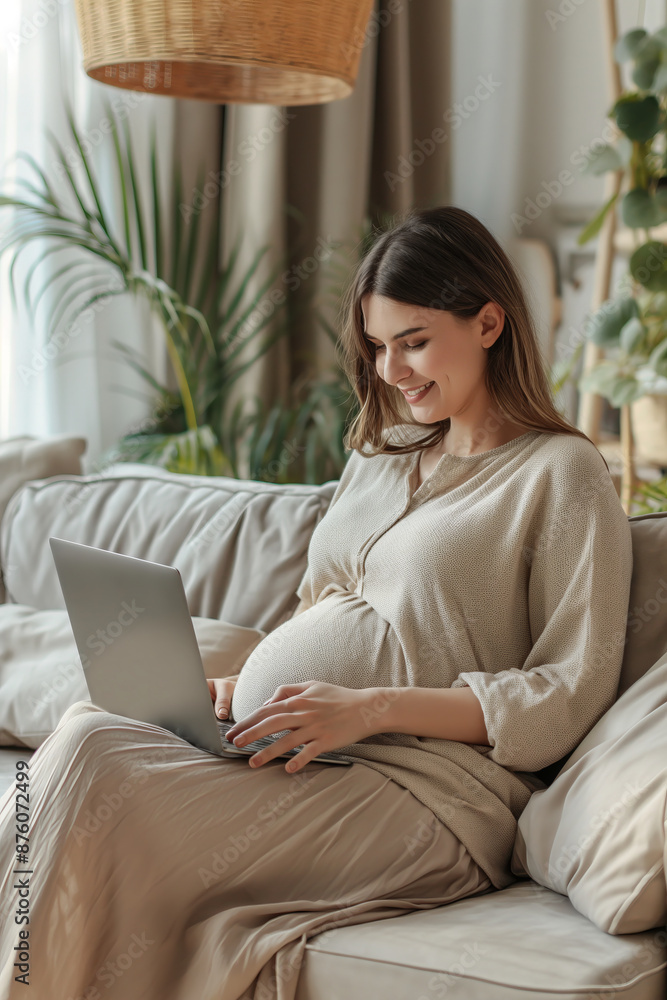Pregnant woman using her laptop computer at home, browsing or chatting with friends online, online shopping for her baby. Pregnant woman using her laptop computer at home, browsing or chatting with friends online, online shopping for her baby.