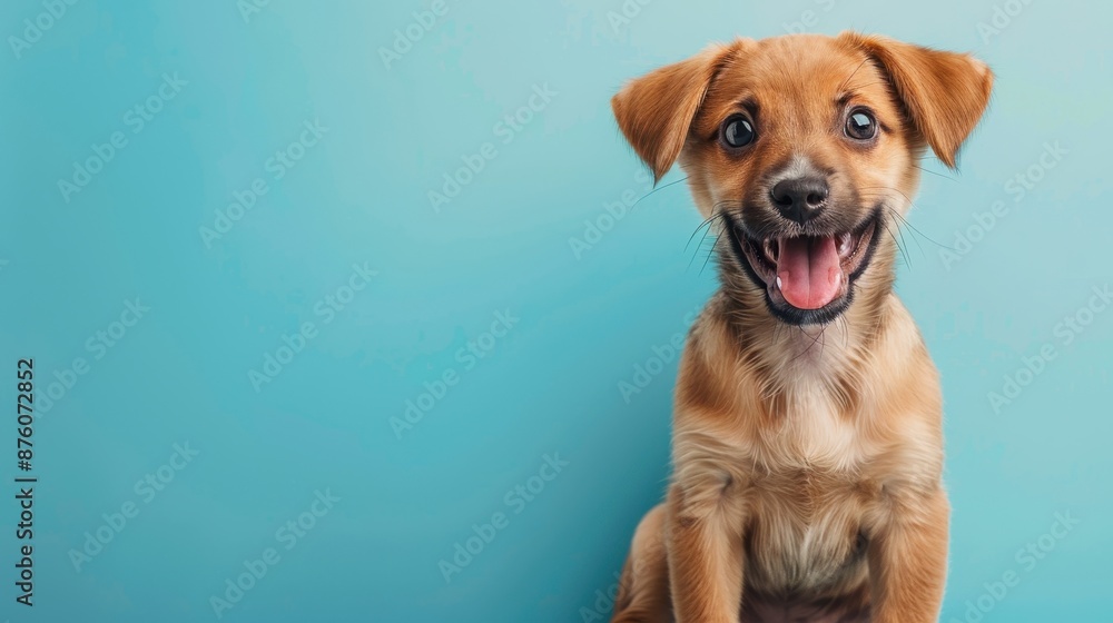 A happy Fawn puppy sitting on a solid mint blue background with space above for text, illustration background A happy Fawn puppy sitting on a solid mint blue background with space above for text, illustration background