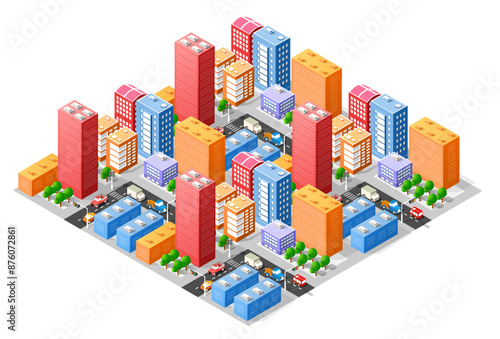 Isometric city with colorful buildings showing urban life