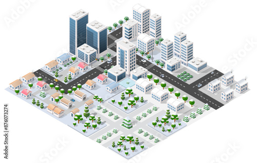 Modern isometric city covered in snow during winter
