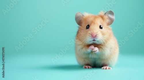A happy Hamster puppy sitting on a solid mint blue background with space above for text, illustration background