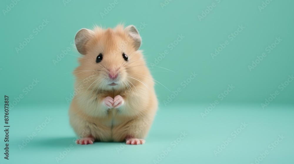 A happy Hamster puppy sitting on a solid mint blue background with space above for text, illustration background A happy Hamster puppy sitting on a solid mint blue background with space above for text, illustration background