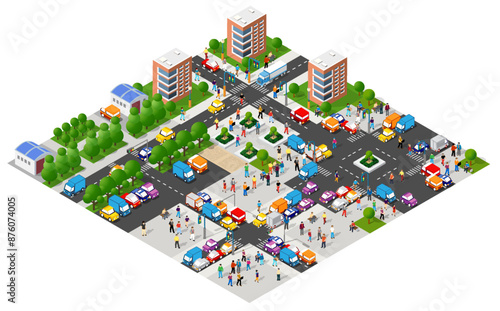 Isometric city center with people walking and cars driving on the road