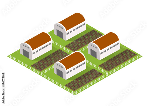 Farm buildings surrounding cultivated farming land plots