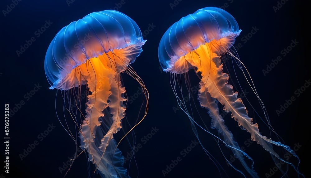 Fototapeta premium Jellyfish Japanese Sea Nettle, Blue neon glow light, dark background