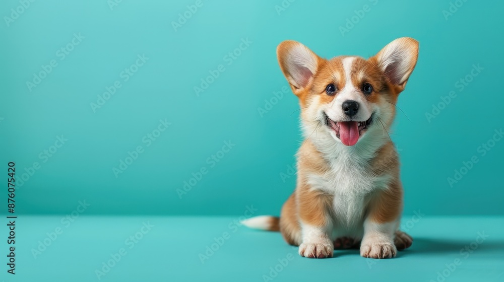 A happy Pika puppy sitting on a solid mint blue background with space above for text, illustration background A happy Pika puppy sitting on a solid mint blue background with space above for text, illustration background