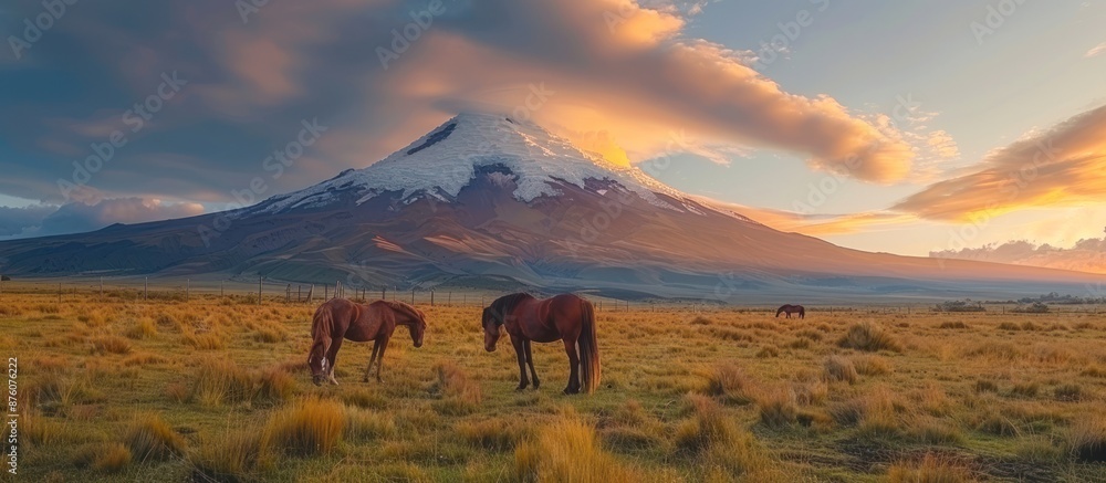Horses Grazing Beneath a Majestic Mountain at Sunset Horses Grazing Beneath a Majestic Mountain at Sunset