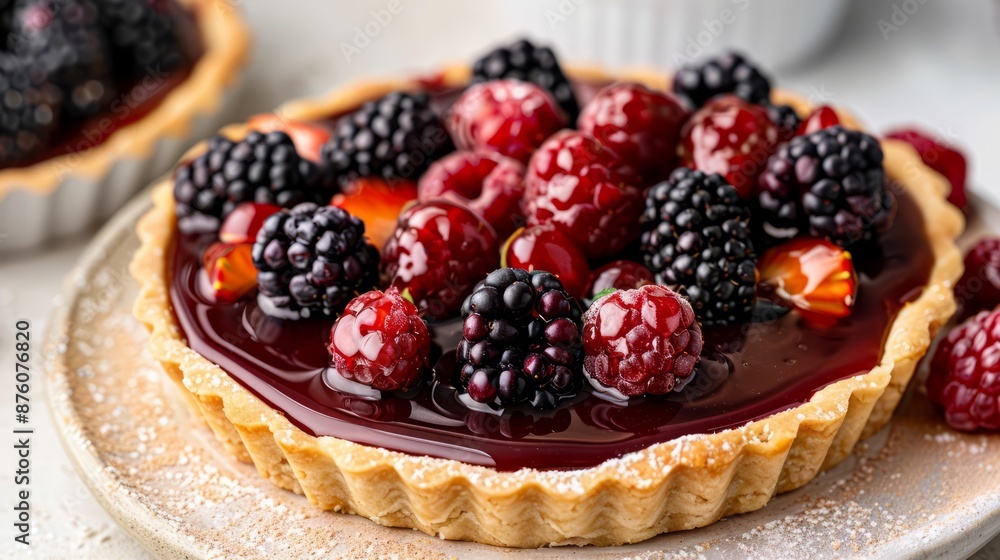 A close-up of a delicious berry tart with a flaky crust and a glossy berry filling. A close-up of a delicious berry tart with a flaky crust and a glossy berry filling.
