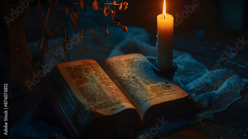A candle is lit on a table next to an open book