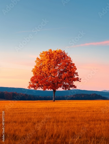 A lone tree with vibrant red leaves stands in a field of golden grass against a pastel sunset sky.