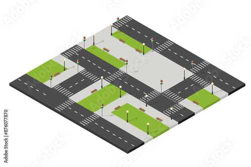 Isometric city map with crossroad, traffic lights, street lanterns