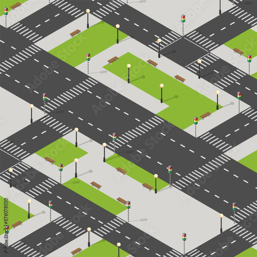 urban landscape pattern with roads, green areas and street lights