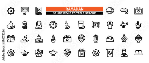 36 Ramadan Line Icons Set Pack Editable Stroke Vector Illustration.