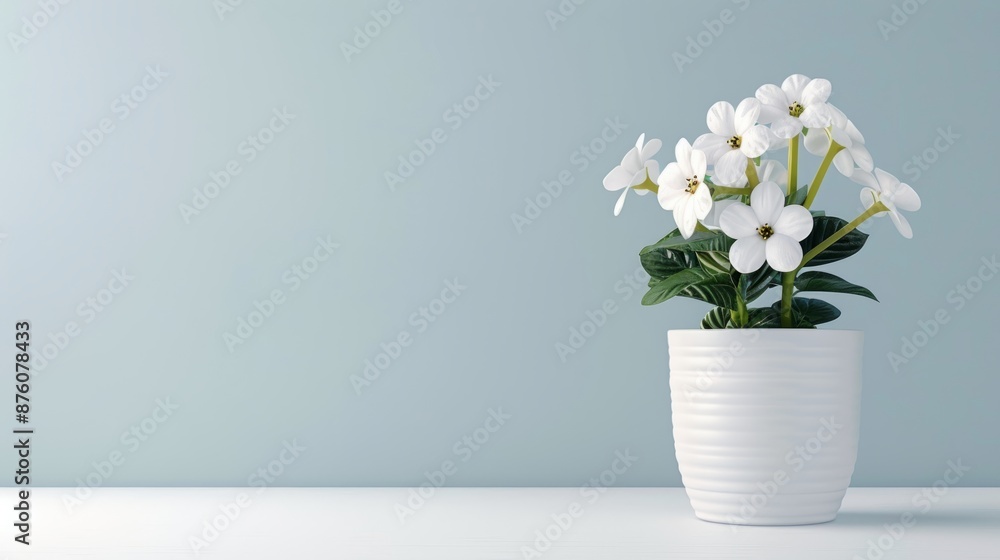 White flowers in a white pot on a white table against a light blue wall. White flowers in a white pot on a white table against a light blue wall.