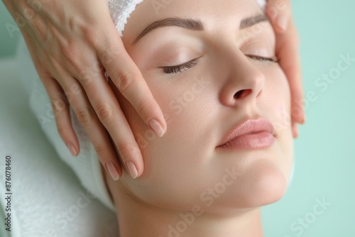 Close-up of a woman receiving a relaxing facial massage at a spa with closed eyes, showcasing smooth skin and serene expression.