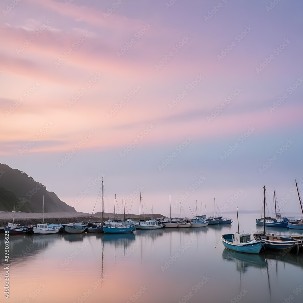 Fototapeta premium A calm bay with boats anchored under a pastel-colored sky