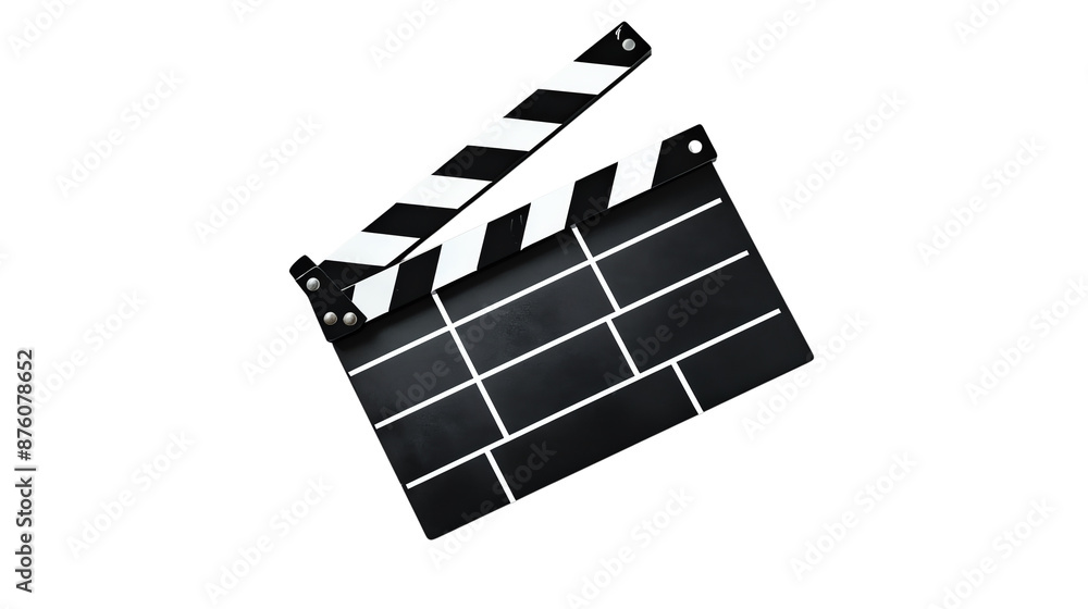 Fototapeta premium Film clapperboard, used in scene take for movie production. Black and white stripes with chalkboard surface, essential filmmaking tool.