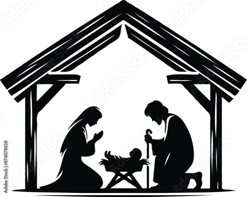 Christmas Nativity scene greeting card illustration. Black silhouettes isolated on white background. Vector EPS10.