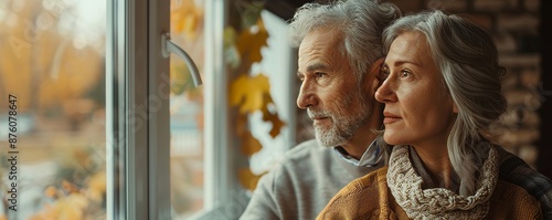 Happy bonding loving middle aged senior retired couple standing near window, looking in distance, recollecting good memories or planning common future, enjoying peaceful moment together, Generative AI