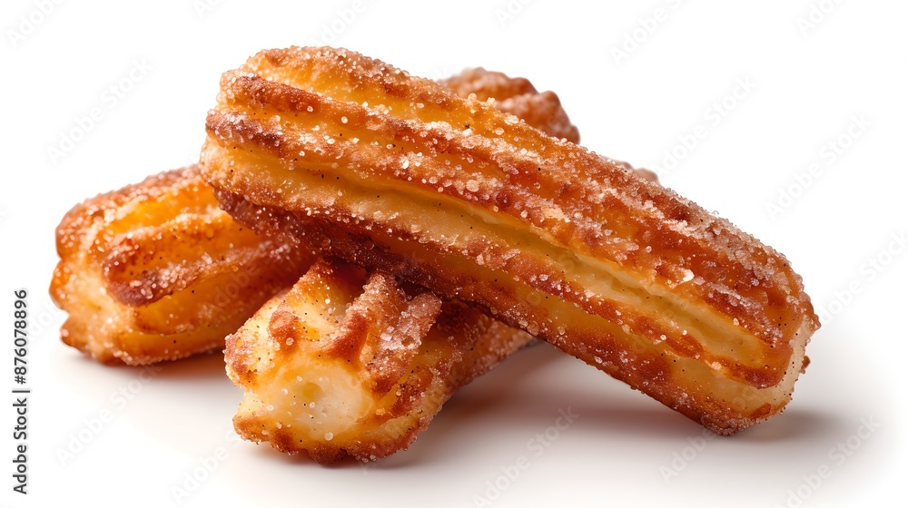 Churros: Deep-fried dough sticks coated in cinnamon sugar, arranged on a solid background. Captured in high resolution (8k) with sharp focus, emphasizing the golden brown exterior, crispy texture, Churros: Deep-fried dough sticks coated in cinnamon sugar, arranged on a solid background. Captured in high resolution (8k) with sharp focus, emphasizing the golden brown exterior, crispy texture,