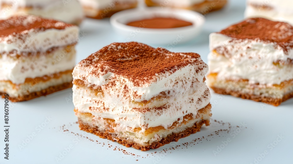 Tiramisu: Layered coffee sponge cake soaked in espresso and mascarpone cream, dusted with cocoa powder, arranged on a solid background. Captured in high resolution (8k) with sharp focus, Tiramisu: Layered coffee sponge cake soaked in espresso and mascarpone cream, dusted with cocoa powder, arranged on a solid background. Captured in high resolution (8k) with sharp focus,