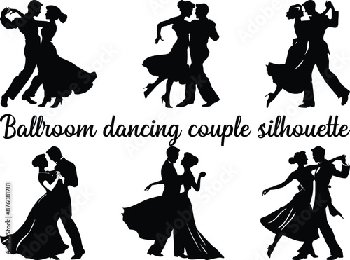 Ballroom Party Dance Couple Silhouettes, Silhouettes of the pairs dancing ballroom dances. couple man woman ballroom dancers tangoing silhouette. Young couples silhouette dancing on white background.