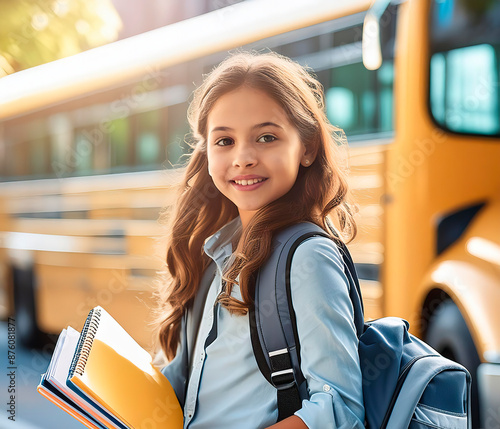 Foto Girl about to take the school bus to attend her classes