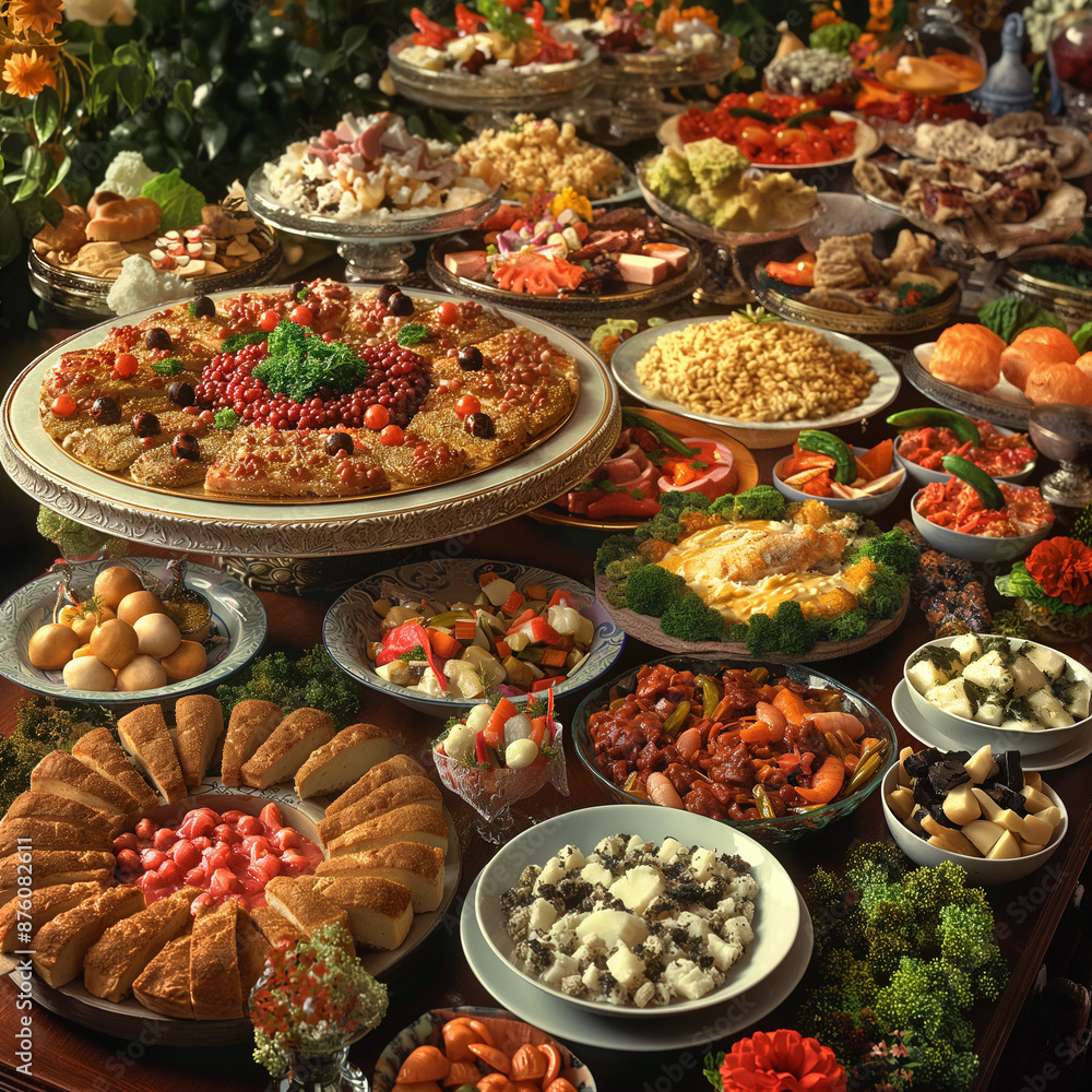 A feast for the eyes, this image captures a buffet spread offering a variety of dishes, acting as an abstract representation of choice and abundance A feast for the eyes, this image captures a buffet spread offering a variety of dishes, acting as an abstract representation of choice and abundance