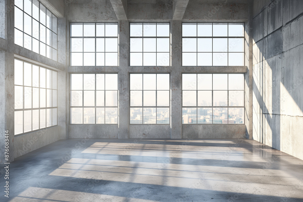 A spacious and empty industrial-style loft featuring large windows and concrete walls, offering an abstract potential best-selling background or wallpaper A spacious and empty industrial-style loft featuring large windows and concrete walls, offering an abstract potential best-selling background or wallpaper