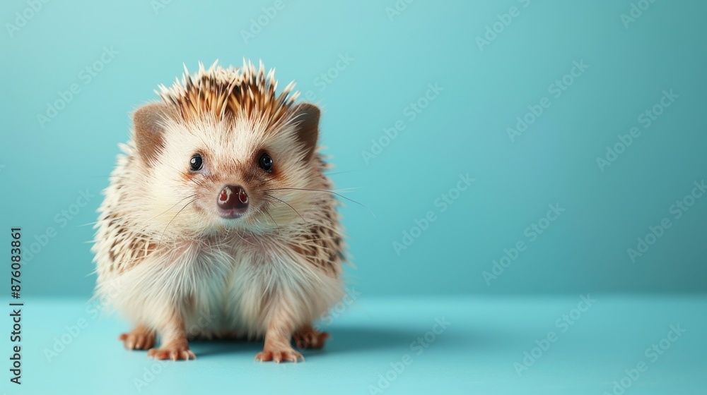 A happy Hedgehog puppy sitting on a solid mint blue background with space above for text, illustration background A happy Hedgehog puppy sitting on a solid mint blue background with space above for text, illustration background