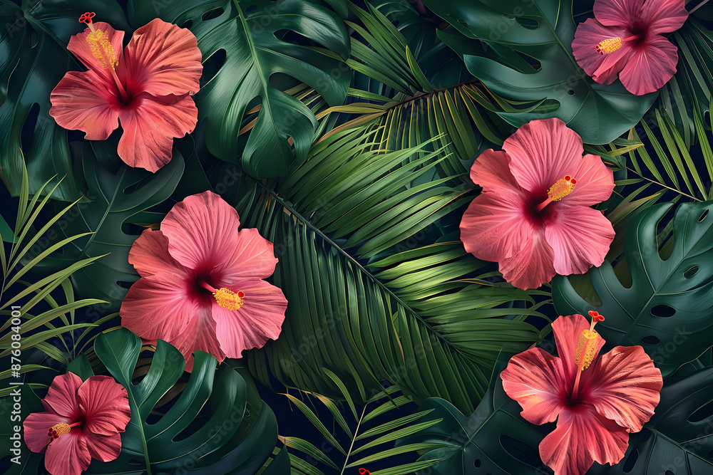 Seamless Tropical Floral Pattern with Exotic Leaves and Flowers Seamless Tropical Floral Pattern with Exotic Leaves and Flowers