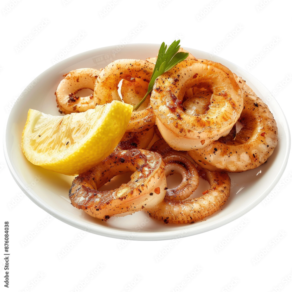 Delicious grilled calamari served on a white plate with a lemon wedge and garnish, perfect for a seafood-themed meal or appetizer. Delicious grilled calamari served on a white plate with a lemon wedge and garnish, perfect for a seafood-themed meal or appetizer.