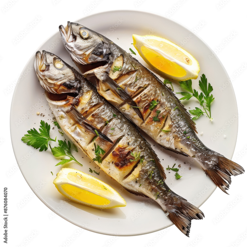 Delicious grilled fish served with lemon wedges and parsley on a white plate. Perfect for seafood lovers and gourmet meals. Delicious grilled fish served with lemon wedges and parsley on a white plate. Perfect for seafood lovers and gourmet meals.