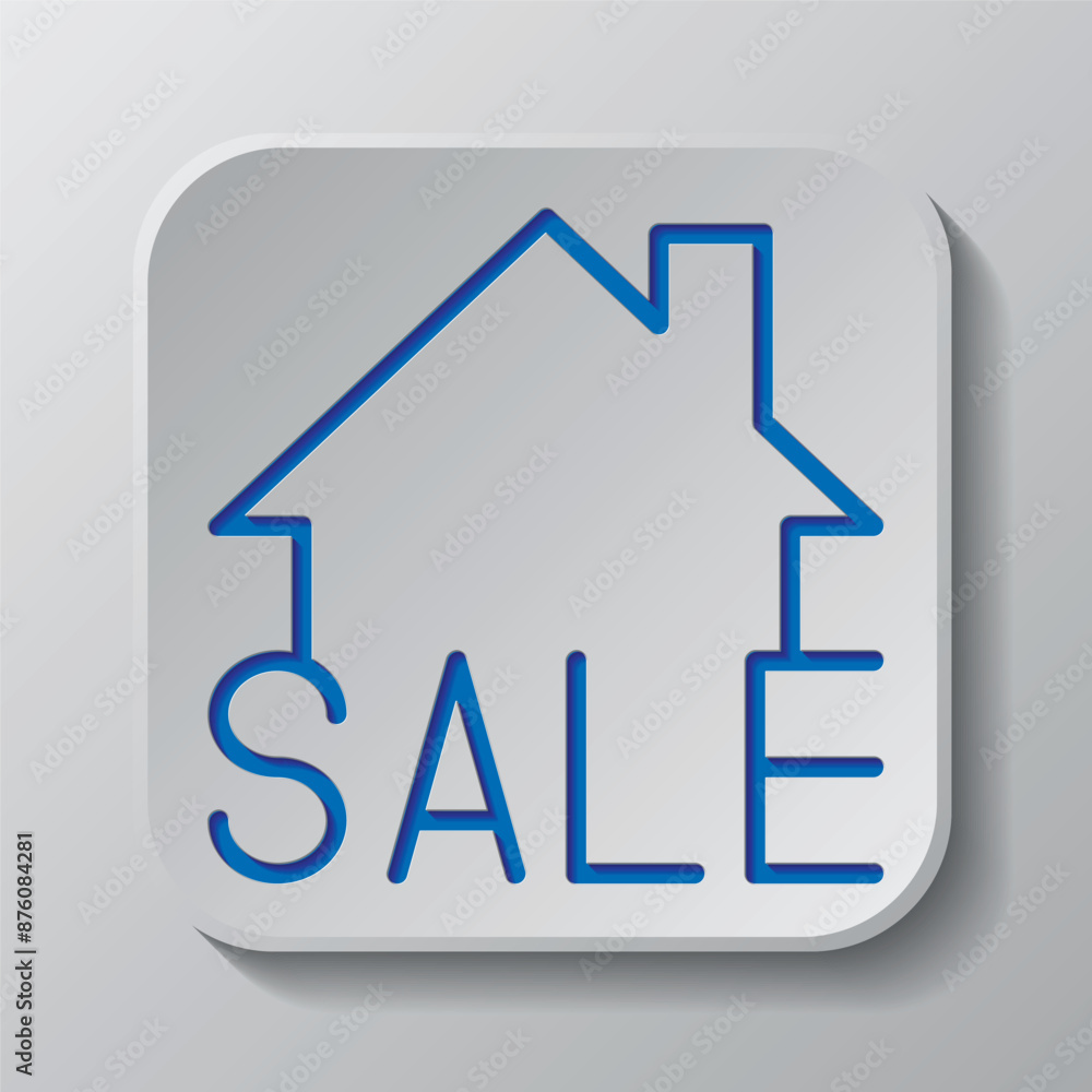 Sale, house simple icon vector. Flat design. Paper cut design. Cutted blue symbol with shadow. Gray badge button, gray background Sale, house simple icon vector. Flat design. Paper cut design. Cutted blue symbol with shadow. Gray badge button, gray background