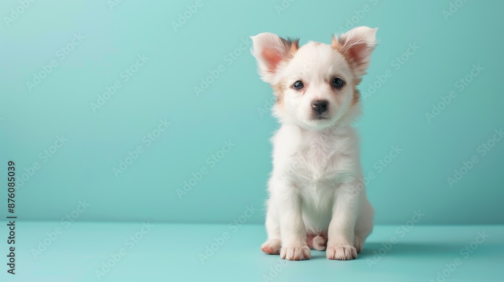 A happy Chinchilla puppy sitting on a solid mint blue background with space above for text, illustration background A happy Chinchilla puppy sitting on a solid mint blue background with space above for text, illustration background