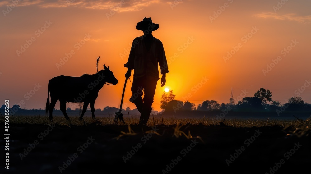 Silhouette of a farmer with a stick walking on farmland at sunset, a cow in the background. Generative AI Silhouette of a farmer with a stick walking on farmland at sunset, a cow in the background. Generative AI