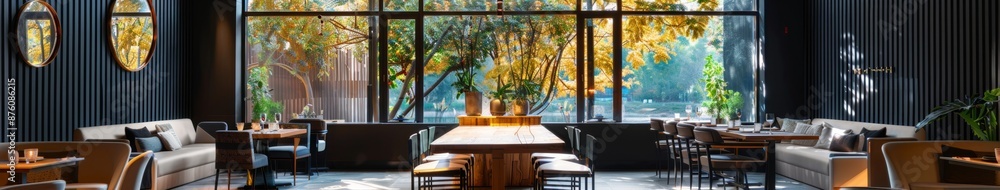 Obraz premium Minimalist Modern Restaurant with High Ceilings and Large Windows Overlooking Green Lake, Featuring Dark Gray Walls, Central Wooden Table, White Armchairs, and Indoor Plants, Capturing Lifestyle and I