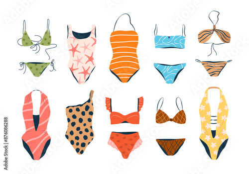 Set of swimwear, swimsuits, casual bikini and bras, beachwear for women. Hand drawn clothing, apparel, garments for summer, vacation, pool party. Isolated flat vector illustrations on white background