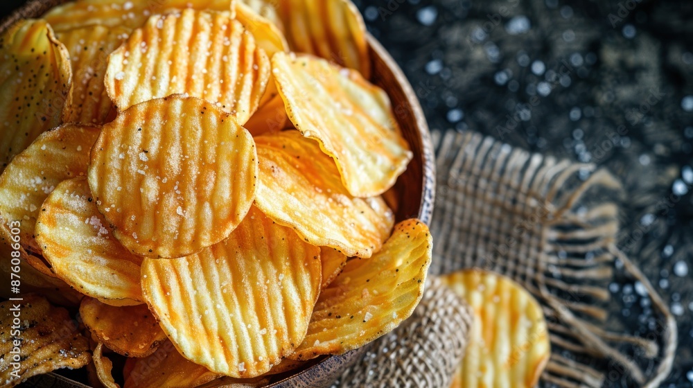 A bowl overflowing with potato chips, dusted with salt, ready to be enjoyed A bowl overflowing with potato chips, dusted with salt, ready to be enjoyed