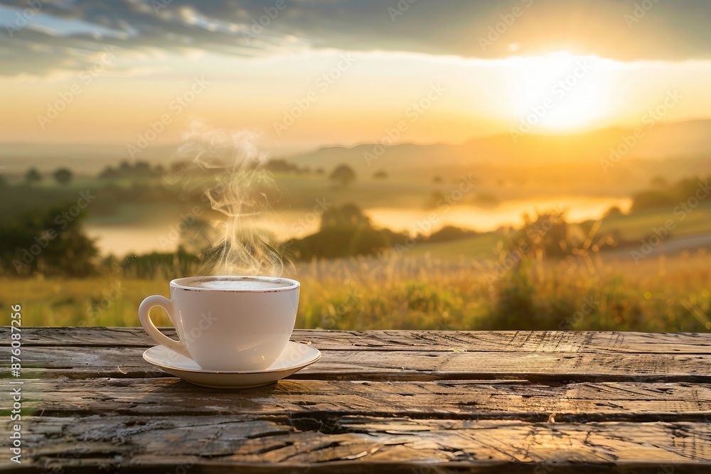 A cup of coffee is sitting on a wooden table in front of a beautiful landscape A cup of coffee is sitting on a wooden table in front of a beautiful landscape