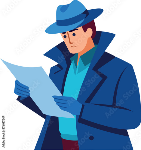 Illustration of a detective reading a document.