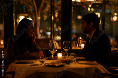 Romantic Couple Having Dinner at Cozy Candlelit Restaurant