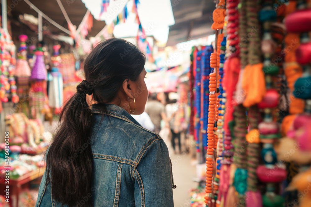 Fototapeta premium Woman Browsing Colorful Market Stalls with Handmade Crafts and Accessories