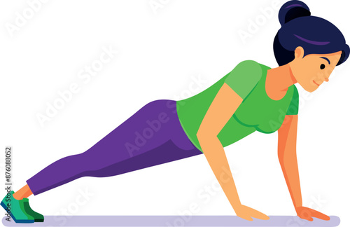 A woman in a plank position during her workout. She is maintaining balance and strength, dressed in athletic gear, isolated on white background.