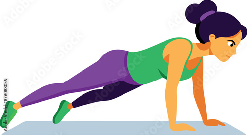 A woman in a plank position during her workout. She is maintaining balance and strength, dressed in athletic gear, isolated on white background.