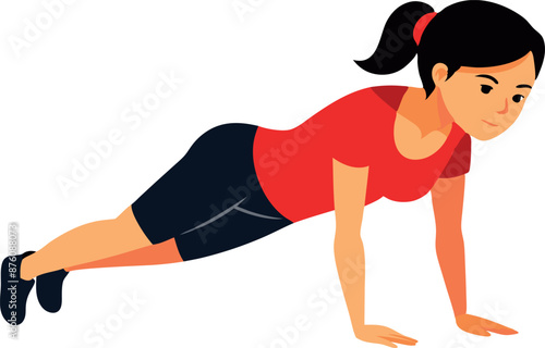A woman doing push-ups as part of her fitness routine. She is dressed in workout clothes, concentrating on proper form and technique, isolated on white background.